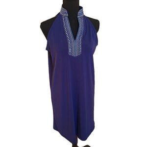 Sunset & Sweet Tea Womens Blue Jersey Knit Sleeveless Halter Dress Medium